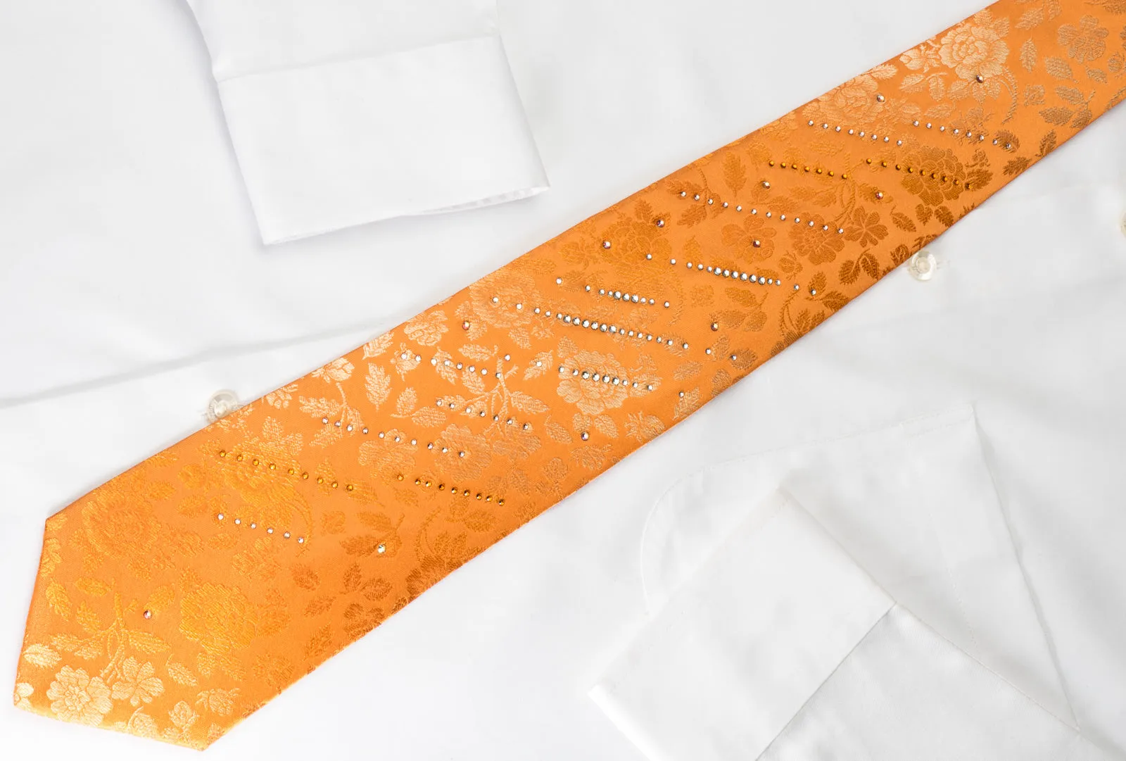 Pierre Cardin Woven Silk Tie Floral On Orange With Crystal Rhinestones