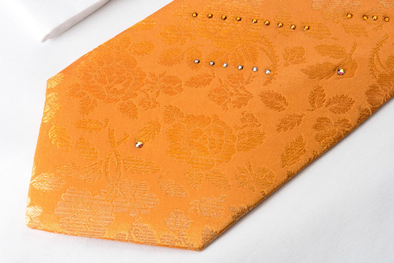 Pierre Cardin Woven Silk Tie Floral On Orange With Crystal Rhinestones