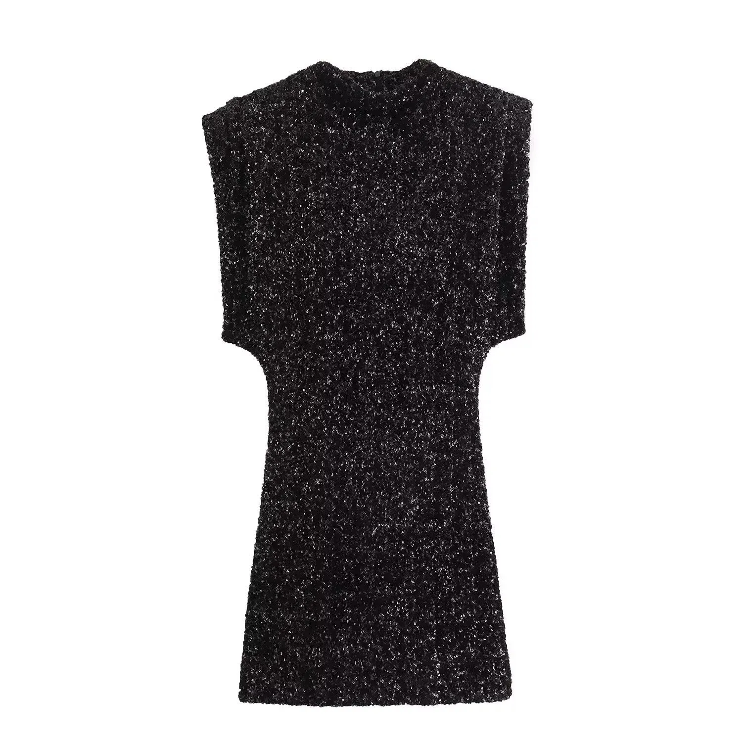 Pre Order:  Black Sequined Padded Shoulder Mini Dress