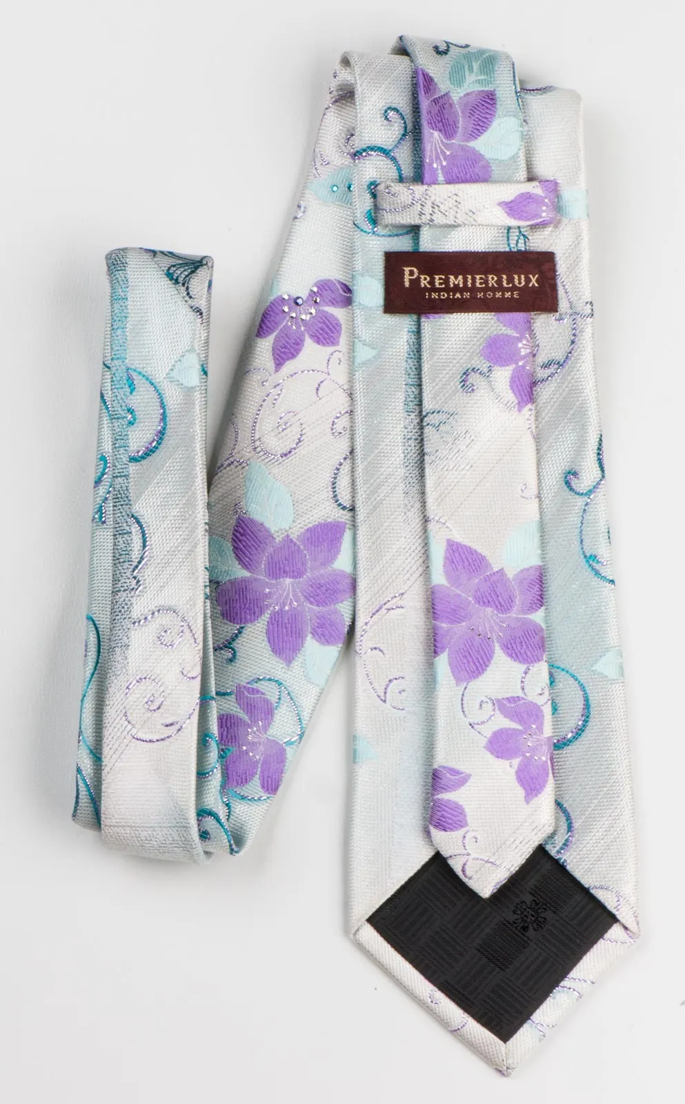 Premierlux Woven Silk Neck Tie Purple Turquise Floral On White With Rhinestones