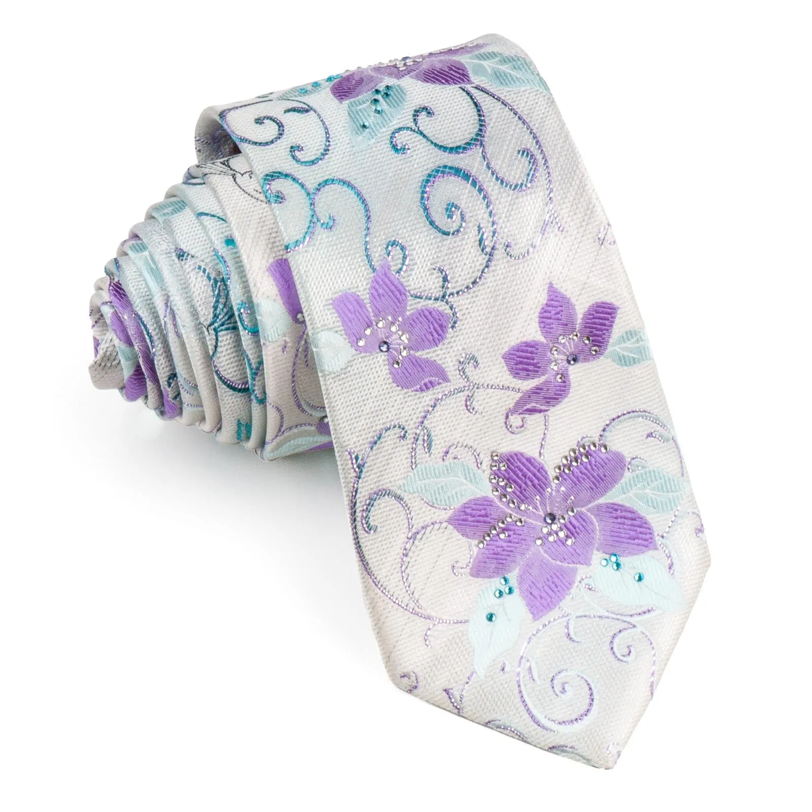 Premierlux Woven Silk Neck Tie Purple Turquise Floral On White With Rhinestones