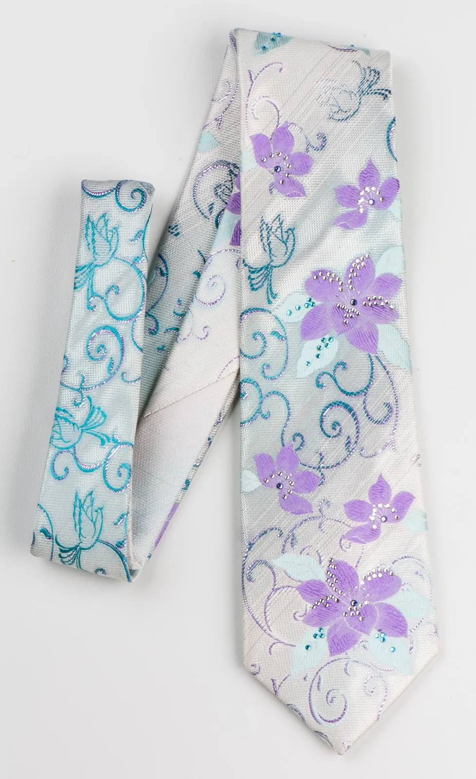 Premierlux Woven Silk Neck Tie Purple Turquise Floral On White With Rhinestones