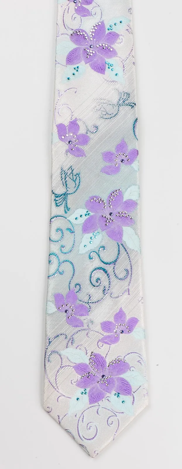 Premierlux Woven Silk Neck Tie Purple Turquise Floral On White With Rhinestones