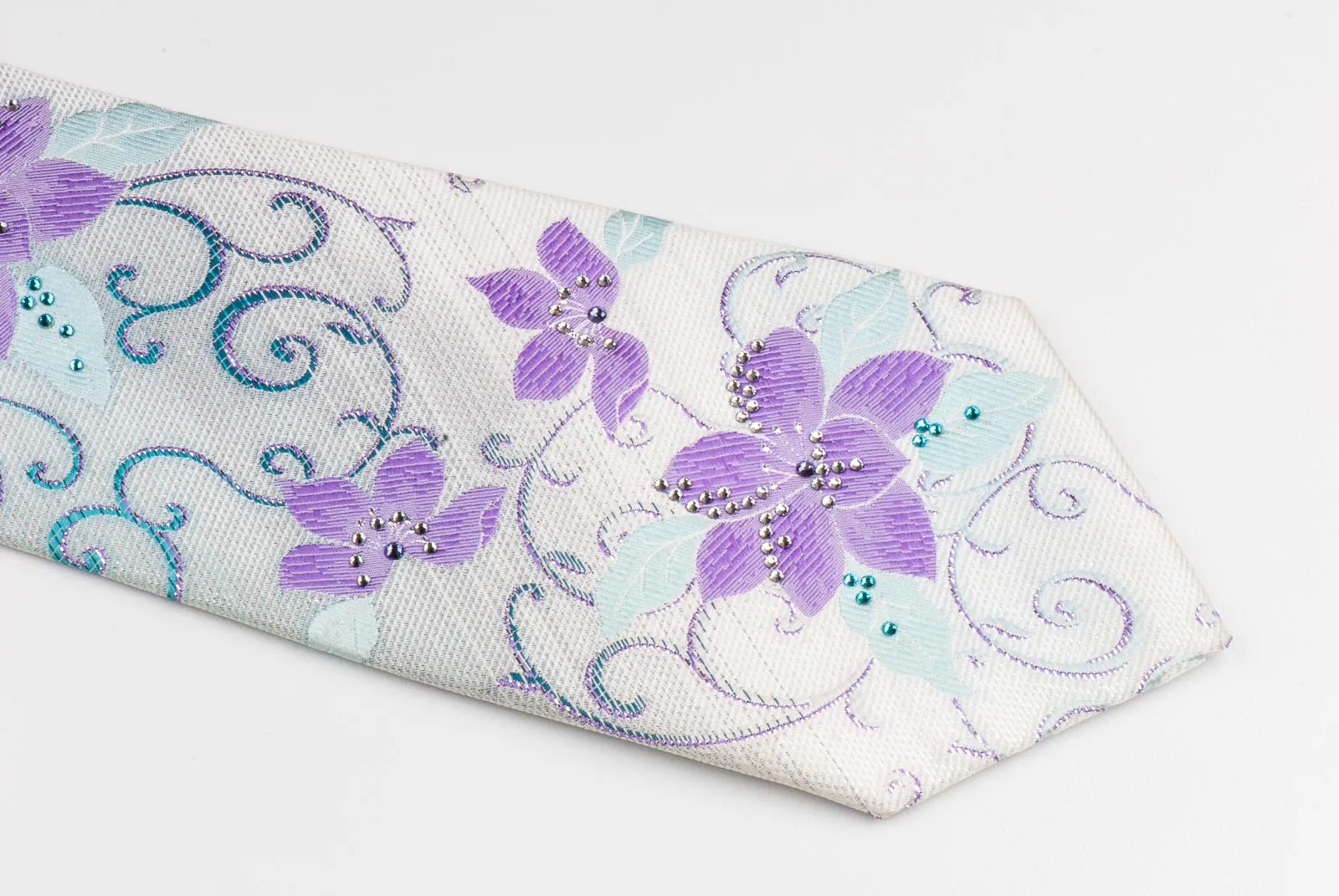 Premierlux Woven Silk Neck Tie Purple Turquise Floral On White With Rhinestones