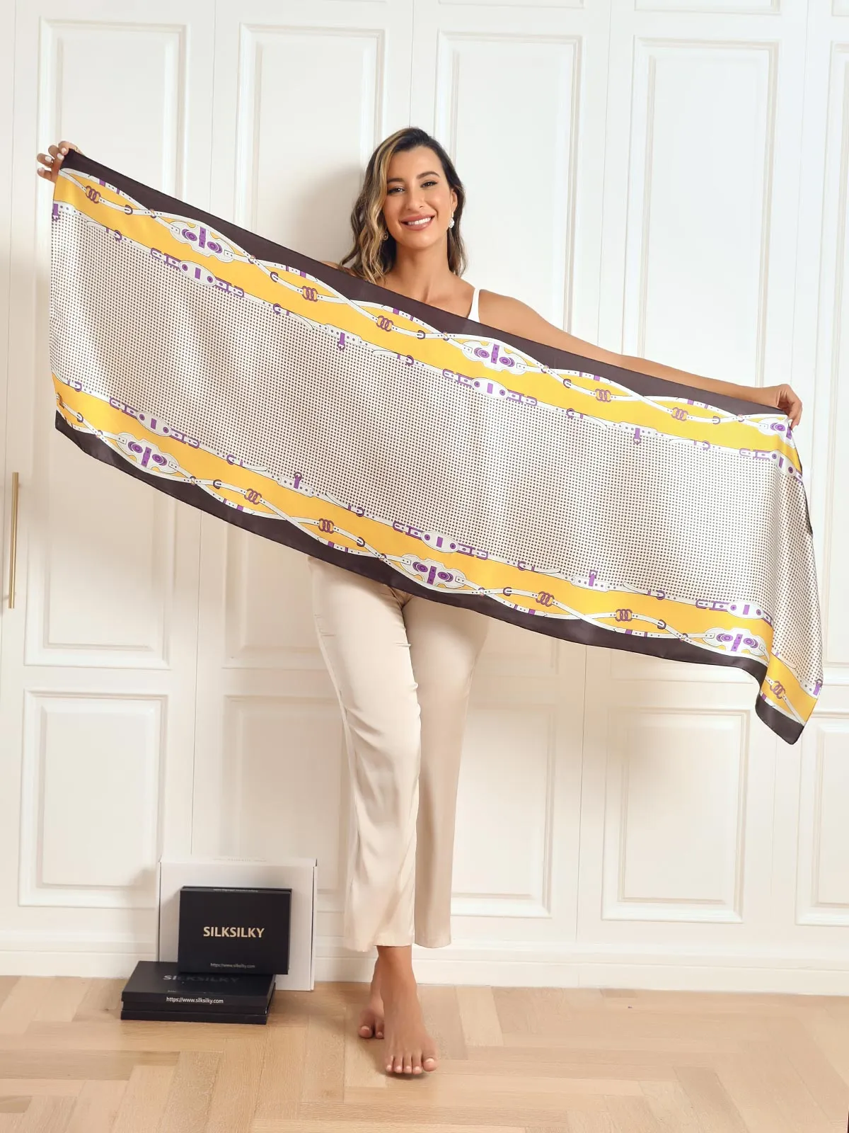 Pure Silk Printed Rectangular Long Shawl Scarf 170x53cm