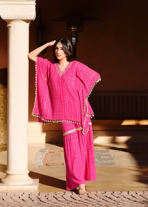 Rani Pink Chikankari Embroidered Georgette Silk Kaftan Set