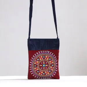 Red - Kutch Neran Hand Embroidery Mirror Work Mashru Silk Sling Bag 09