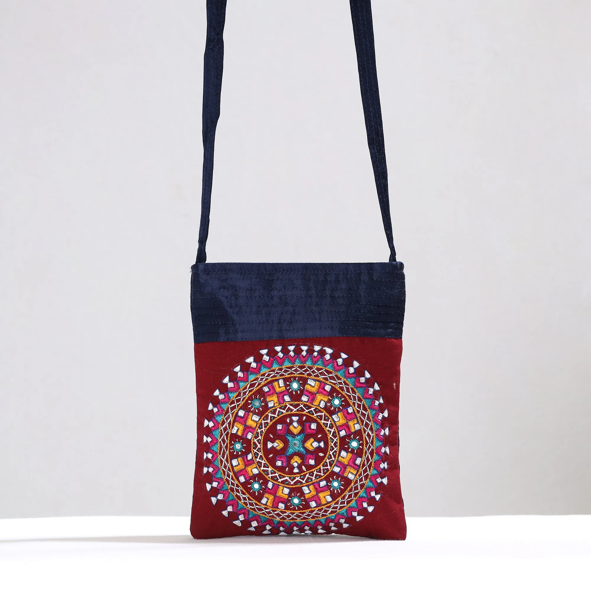 Red - Kutch Neran Hand Embroidery Mirror Work Mashru Silk Sling Bag 09