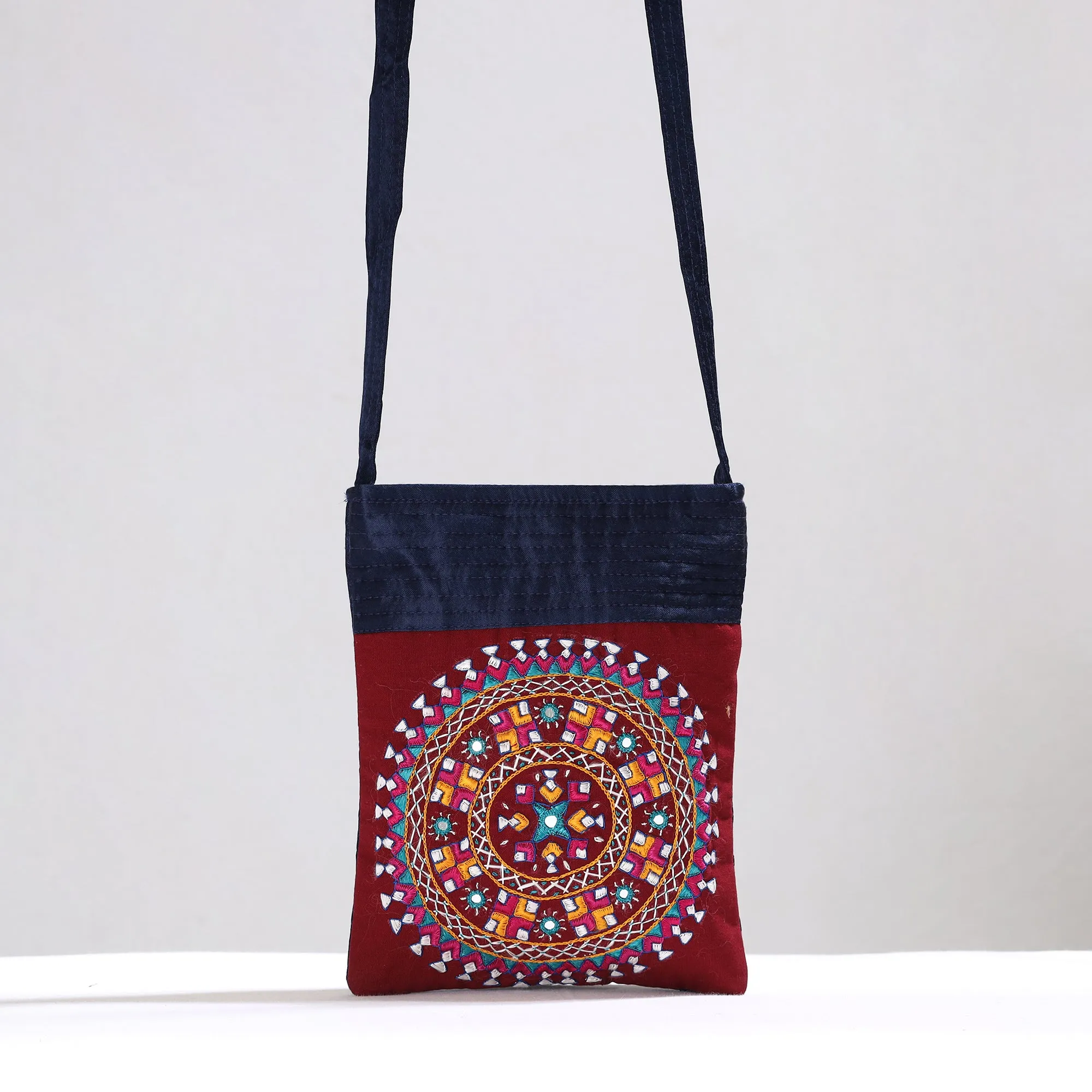 Red - Kutch Neran Hand Embroidery Mirror Work Mashru Silk Sling Bag 09