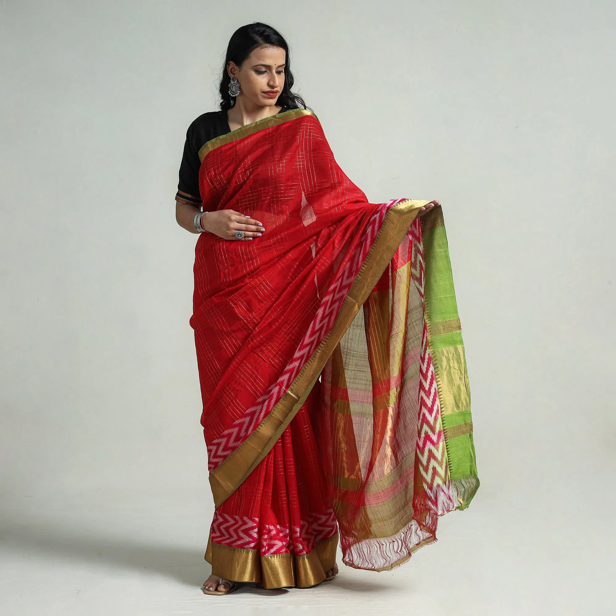 Red - Mangalagiri Silk Cotton Zari Checks Handloom Saree