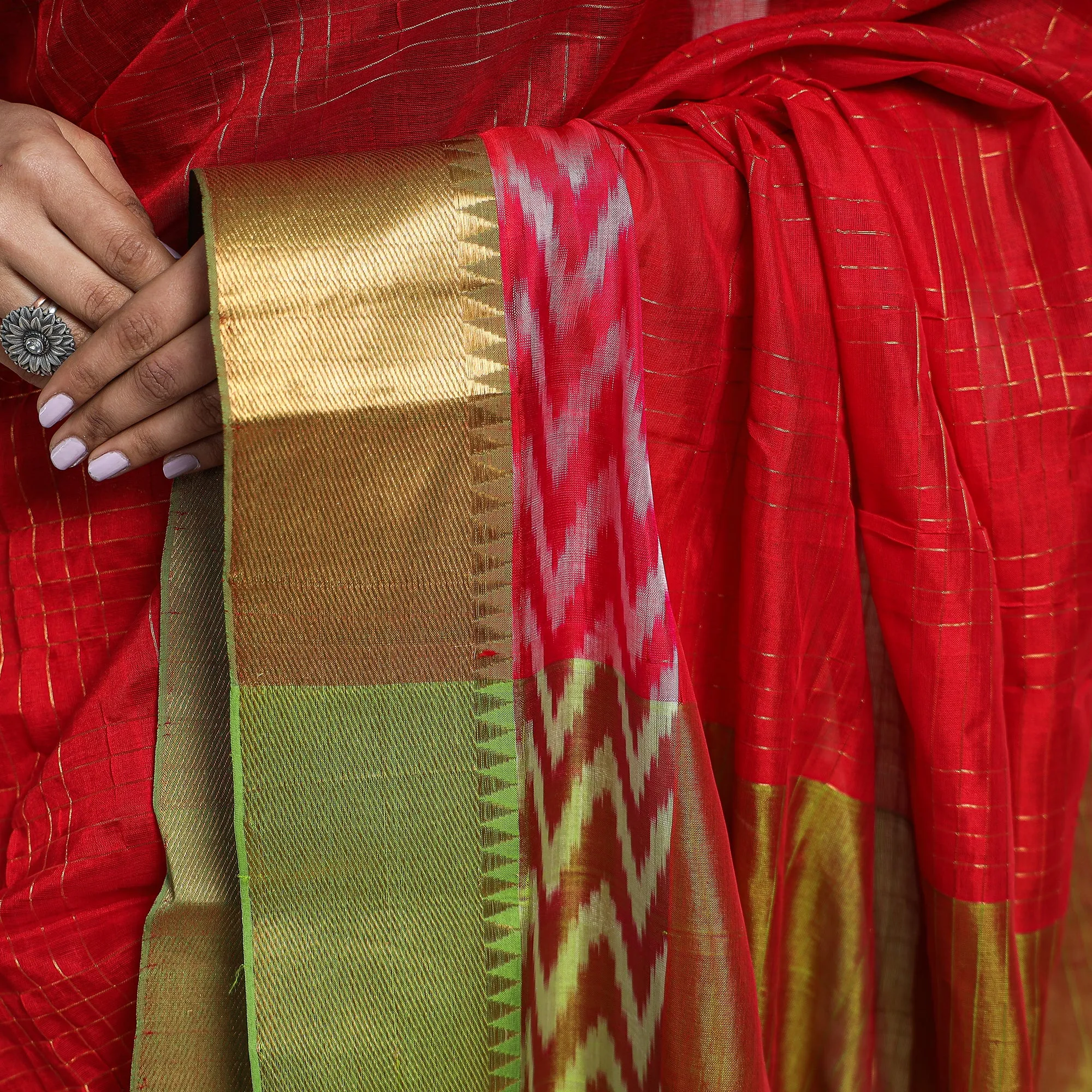 Red - Mangalagiri Silk Cotton Zari Checks Handloom Saree