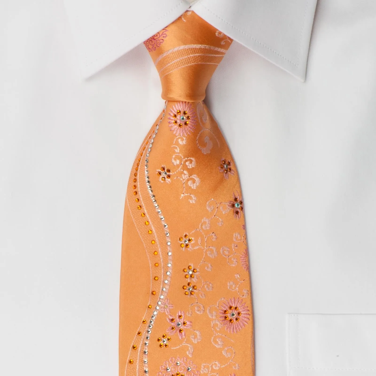 Remizio Men's Woven Silk Rhinestone Tie Floral On Peach Orange With Sparkles