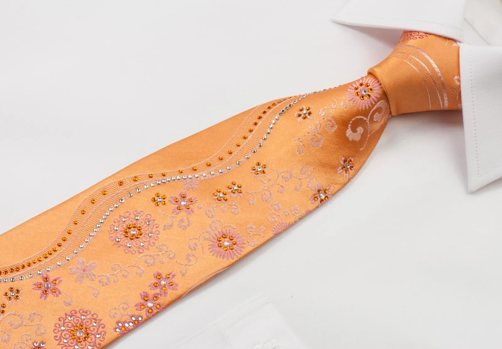 Remizio Men's Woven Silk Rhinestone Tie Floral On Peach Orange With Sparkles