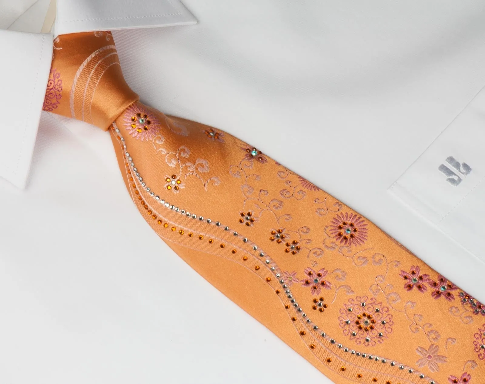 Remizio Men's Woven Silk Rhinestone Tie Floral On Peach Orange With Sparkles