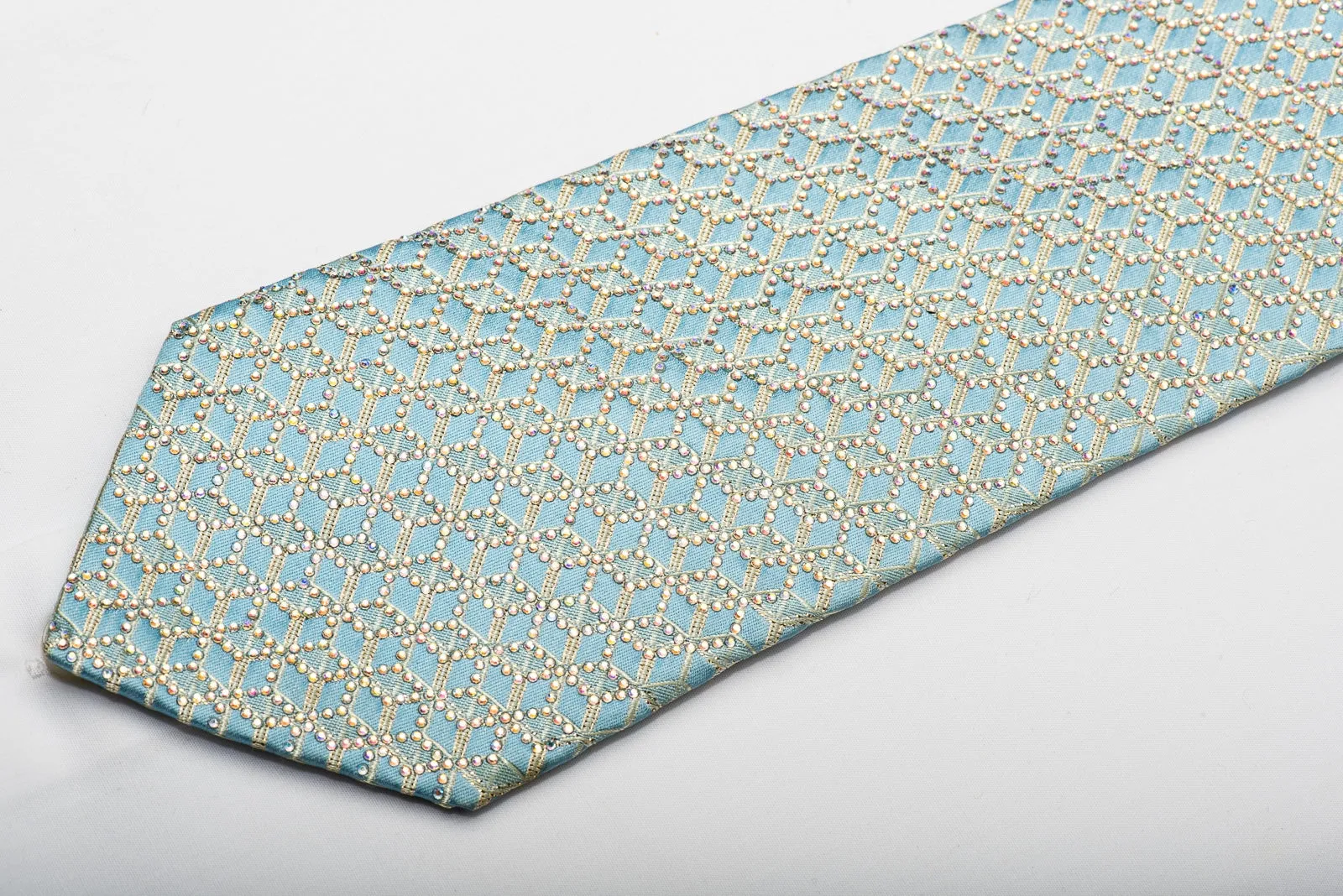 Renoma Men's Rhinestone Silk Necktie Golden Trellis On Light Blue With Gold Sparkles