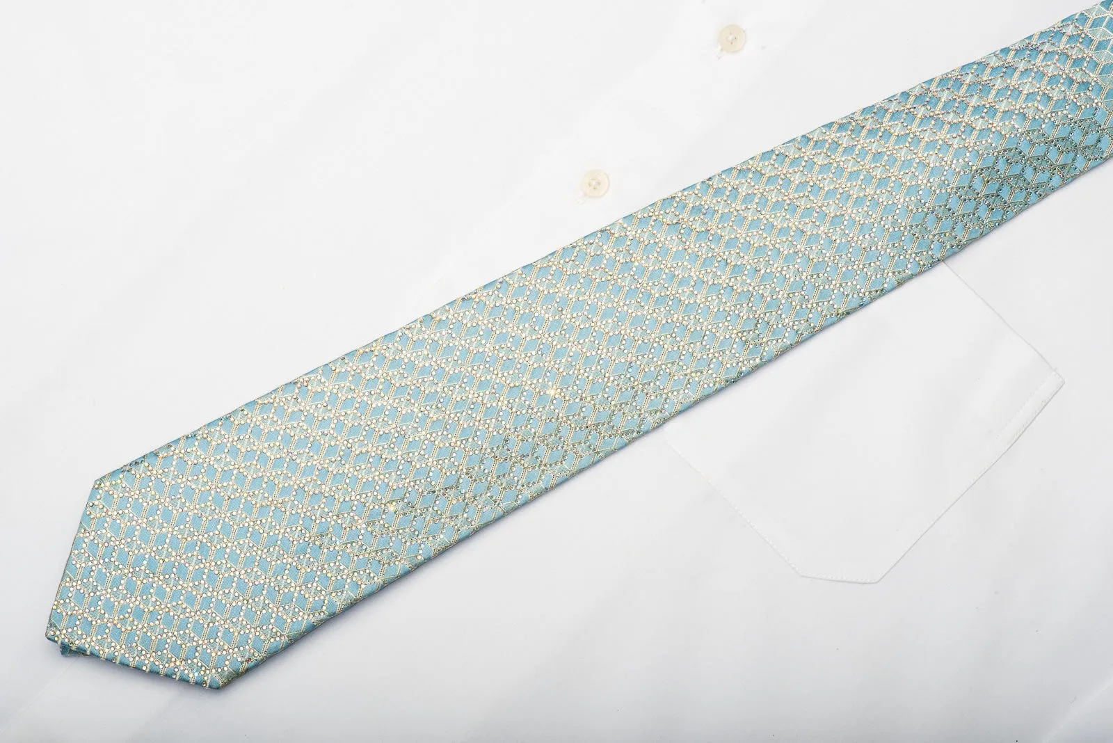 Renoma Men's Rhinestone Silk Necktie Golden Trellis On Light Blue With Gold Sparkles