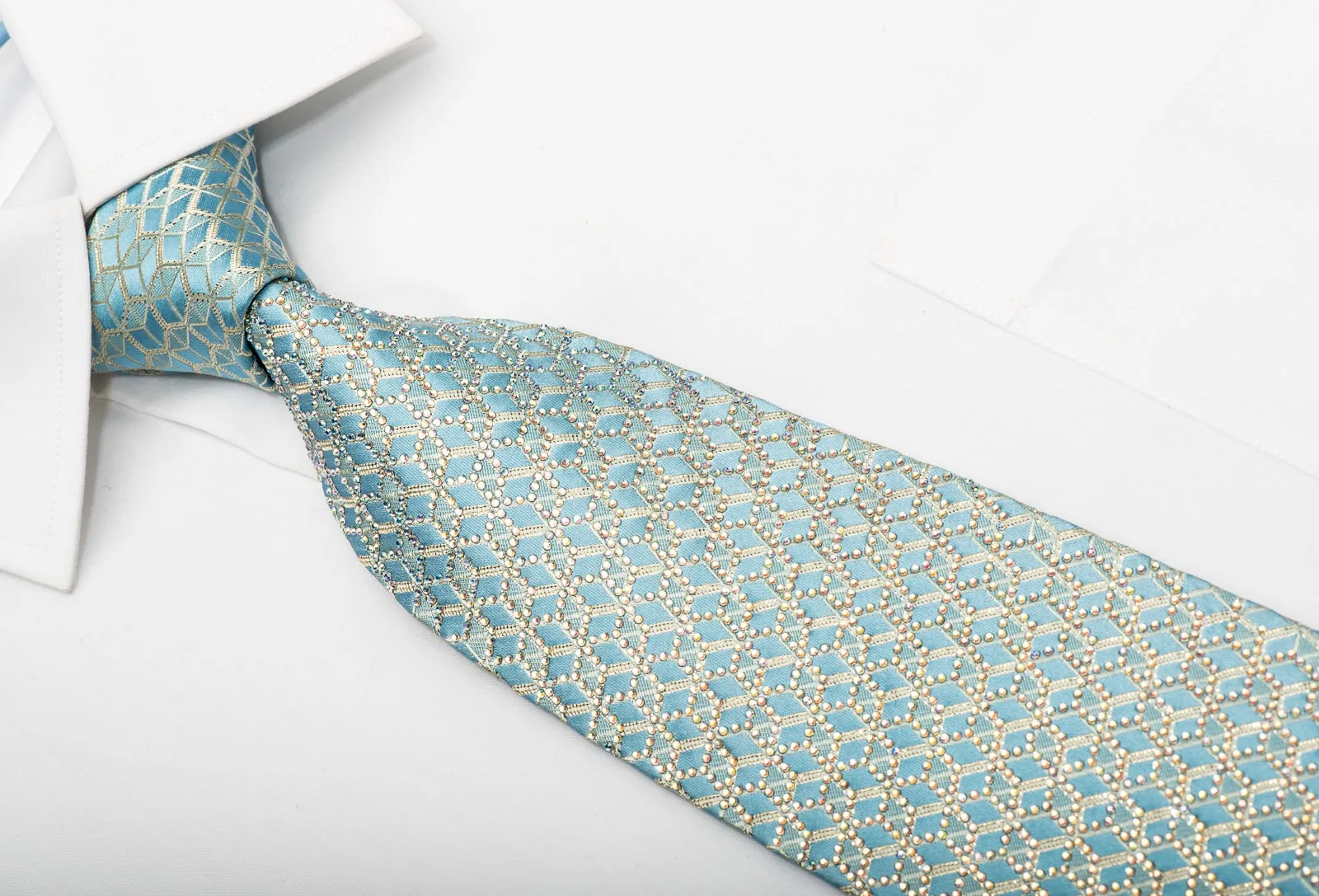 Renoma Men's Rhinestone Silk Necktie Golden Trellis On Light Blue With Gold Sparkles