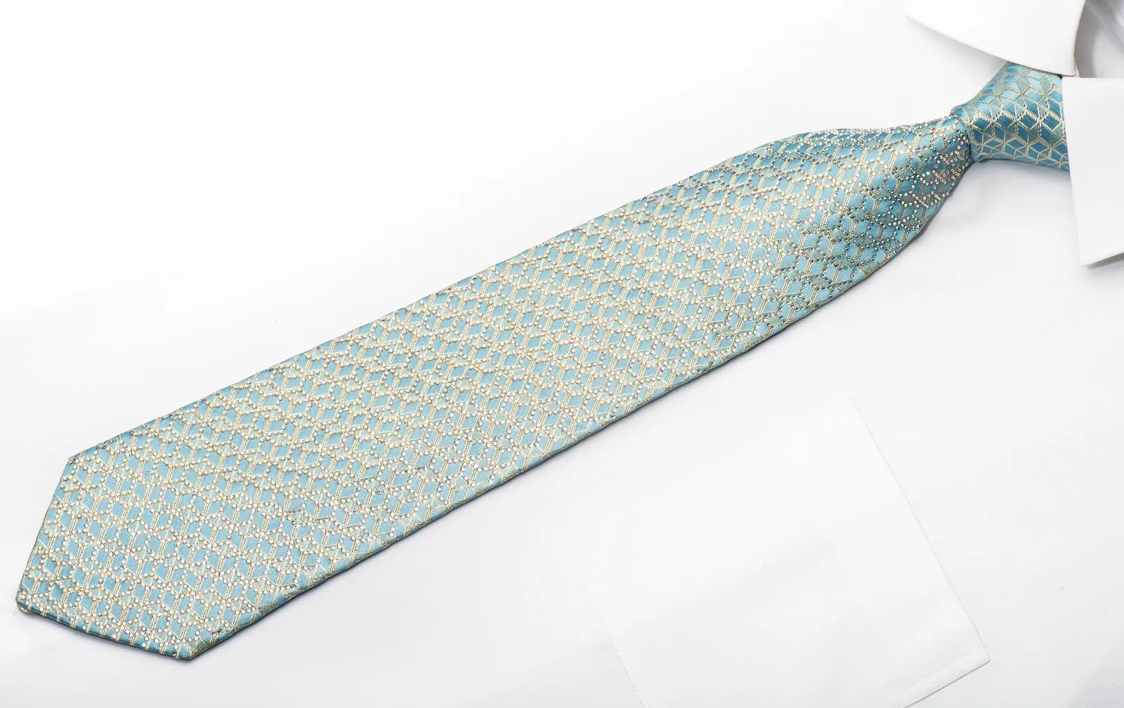 Renoma Men's Rhinestone Silk Necktie Golden Trellis On Light Blue With Gold Sparkles