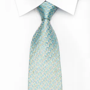 Renoma Men's Rhinestone Silk Necktie Golden Trellis On Light Blue With Gold Sparkles