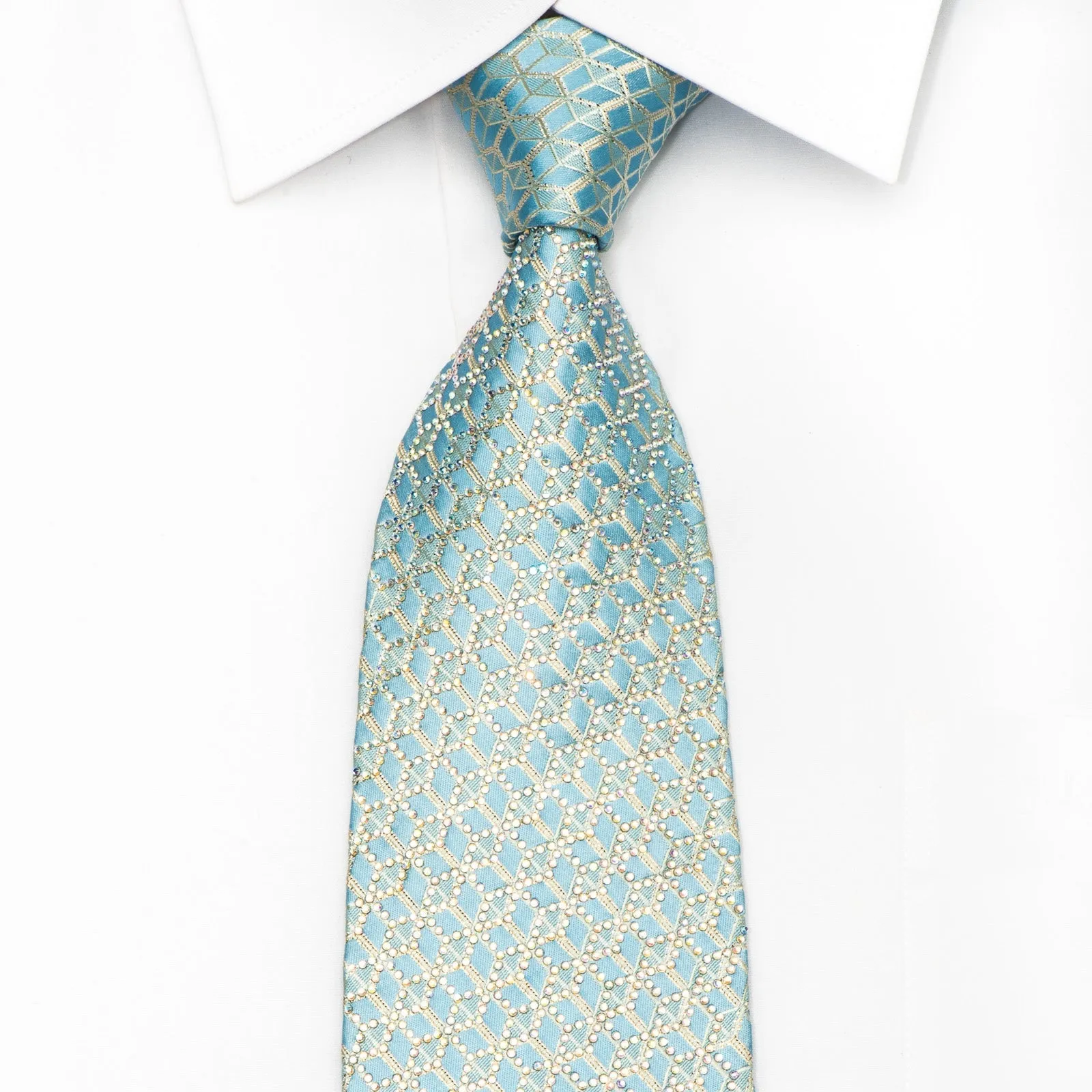 Renoma Men's Rhinestone Silk Necktie Golden Trellis On Light Blue With Gold Sparkles