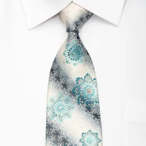 Renoma Men's Silk Necktie Floral Cartouche On Silver Sparkling With Rhinestones