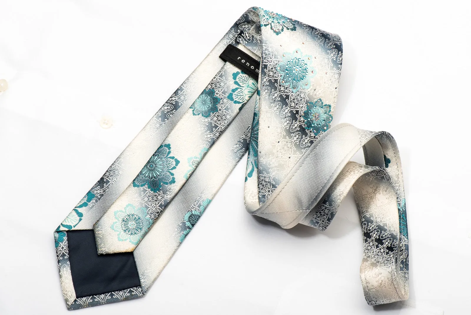 Renoma Men's Silk Necktie Floral Cartouche On Silver Sparkling With Rhinestones