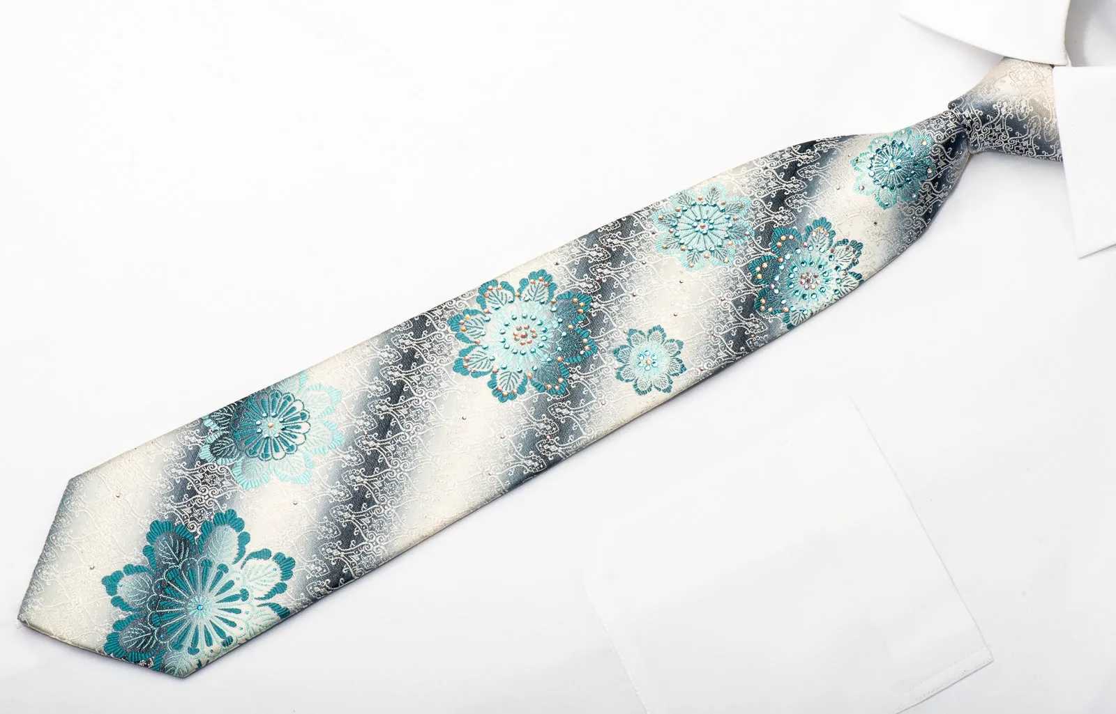 Renoma Men's Silk Necktie Floral Cartouche On Silver Sparkling With Rhinestones