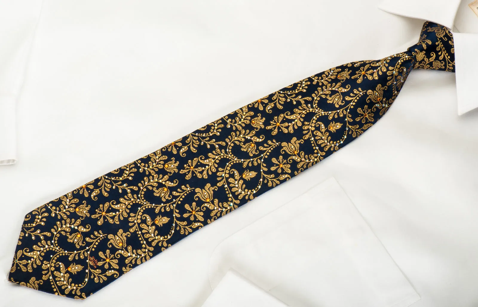 Rhinestone Silk Necktie Golden Floral Scrolls On Navy With Golden Sparkles