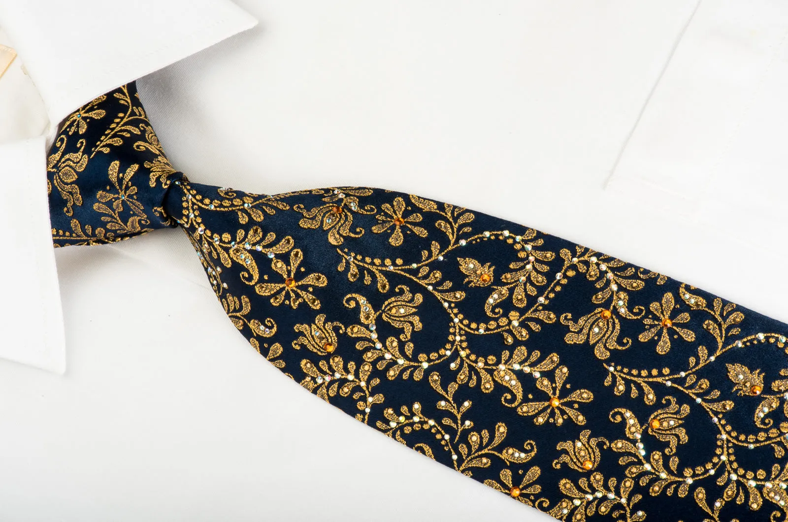 Rhinestone Silk Necktie Golden Floral Scrolls On Navy With Golden Sparkles