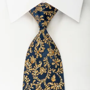 Rhinestone Silk Necktie Golden Floral Scrolls On Navy With Golden Sparkles