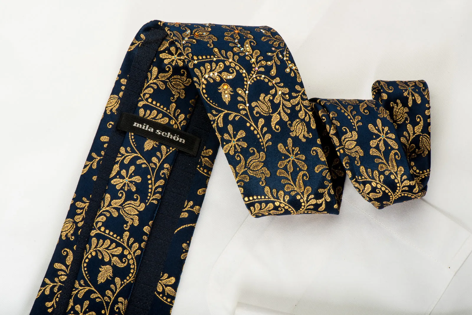 Rhinestone Silk Necktie Golden Floral Scrolls On Navy With Golden Sparkles