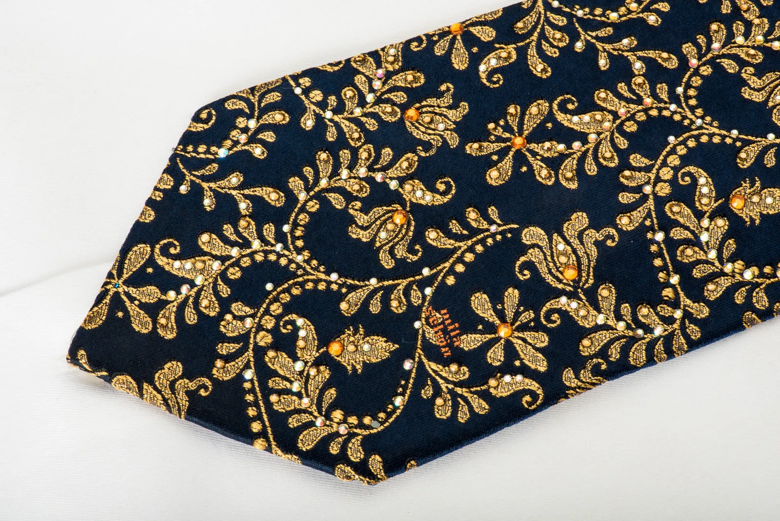 Rhinestone Silk Necktie Golden Floral Scrolls On Navy With Golden Sparkles