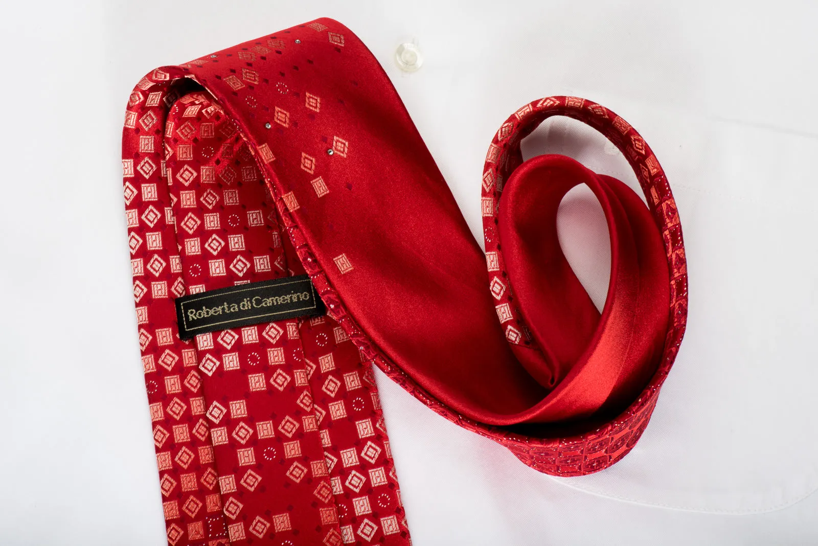 Roberta di Camerino Rhinestone Silk Necktie Geometric Pattern On Red With Silver Sparkles