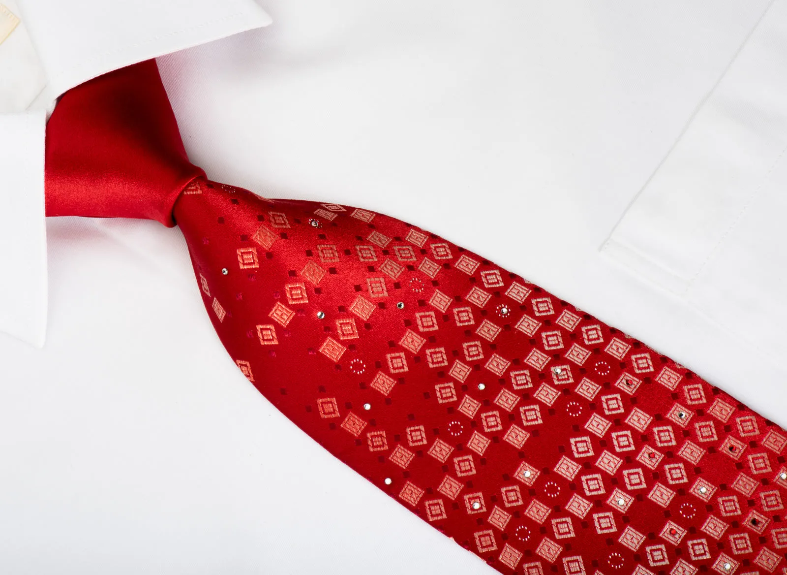 Roberta di Camerino Rhinestone Silk Necktie Geometric Pattern On Red With Silver Sparkles