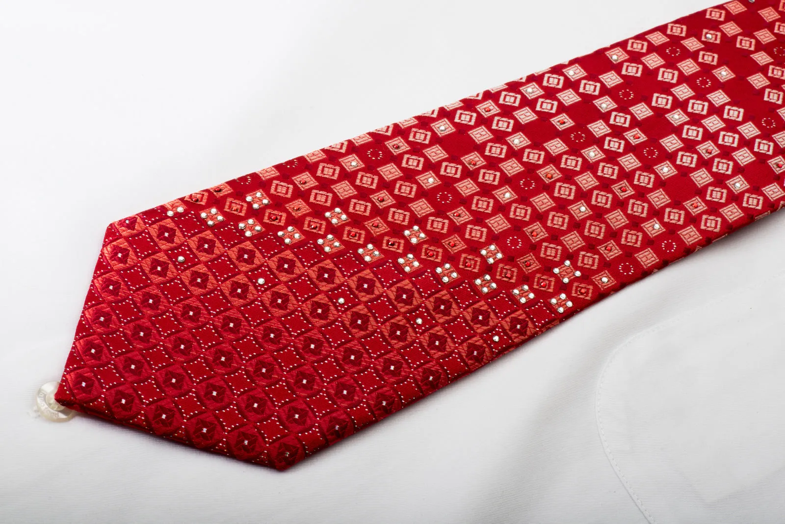 Roberta di Camerino Rhinestone Silk Necktie Geometric Pattern On Red With Silver Sparkles