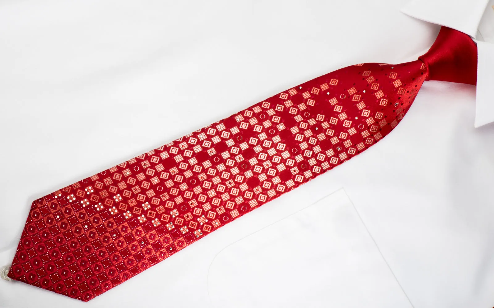 Roberta di Camerino Rhinestone Silk Necktie Geometric Pattern On Red With Silver Sparkles