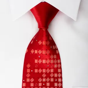 Roberta di Camerino Rhinestone Silk Necktie Geometric Pattern On Red With Silver Sparkles