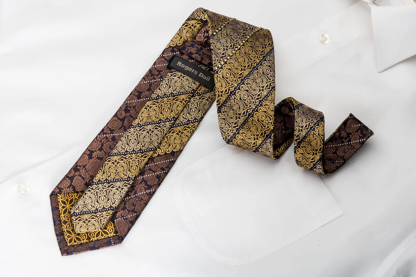 Rogers Dail Rhinestome Silk Necktie Golden Cartouche & Floral On Dark Brown