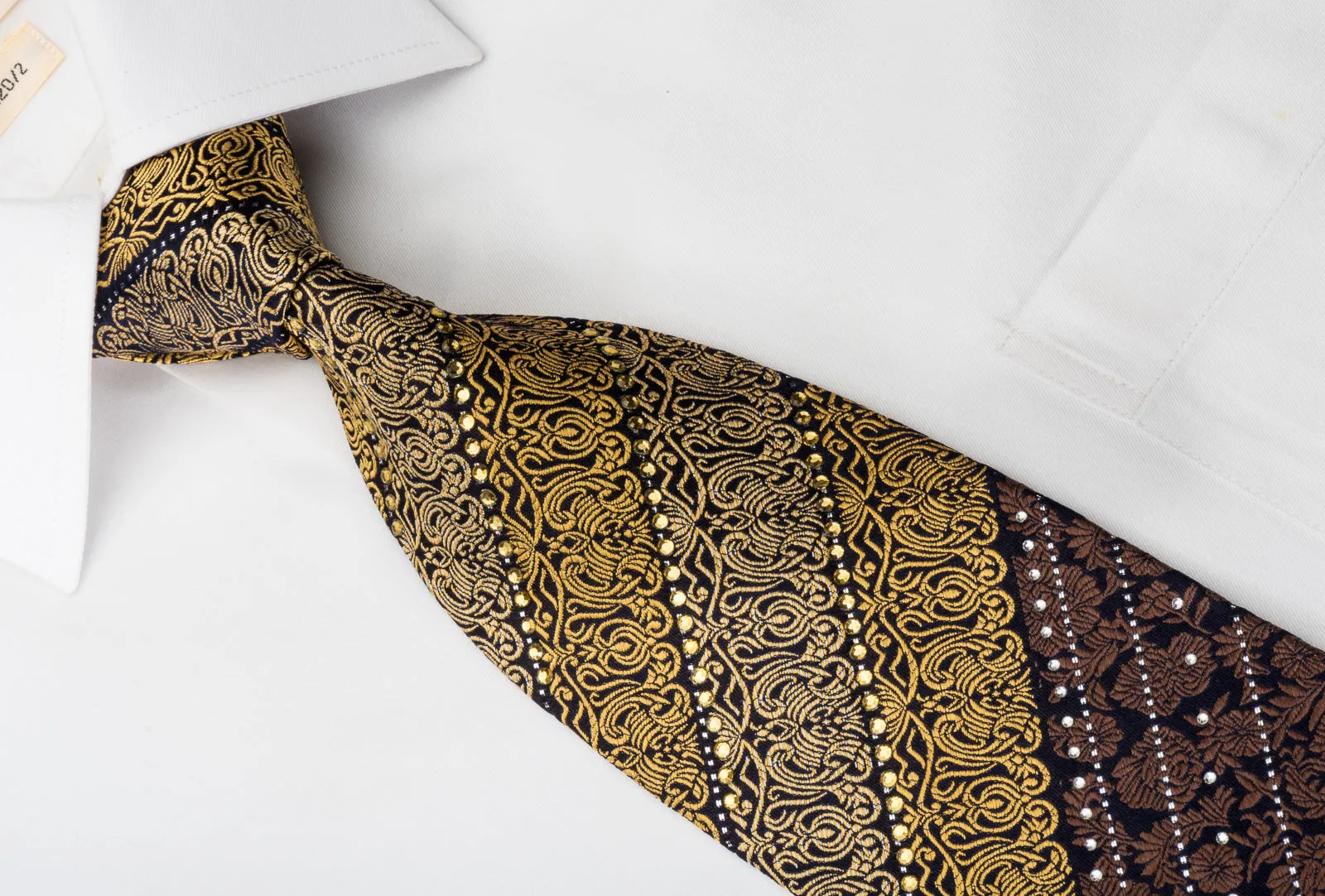 Rogers Dail Rhinestome Silk Necktie Golden Cartouche & Floral On Dark Brown