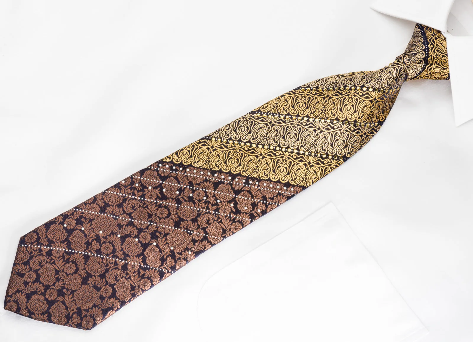 Rogers Dail Rhinestome Silk Necktie Golden Cartouche & Floral On Dark Brown