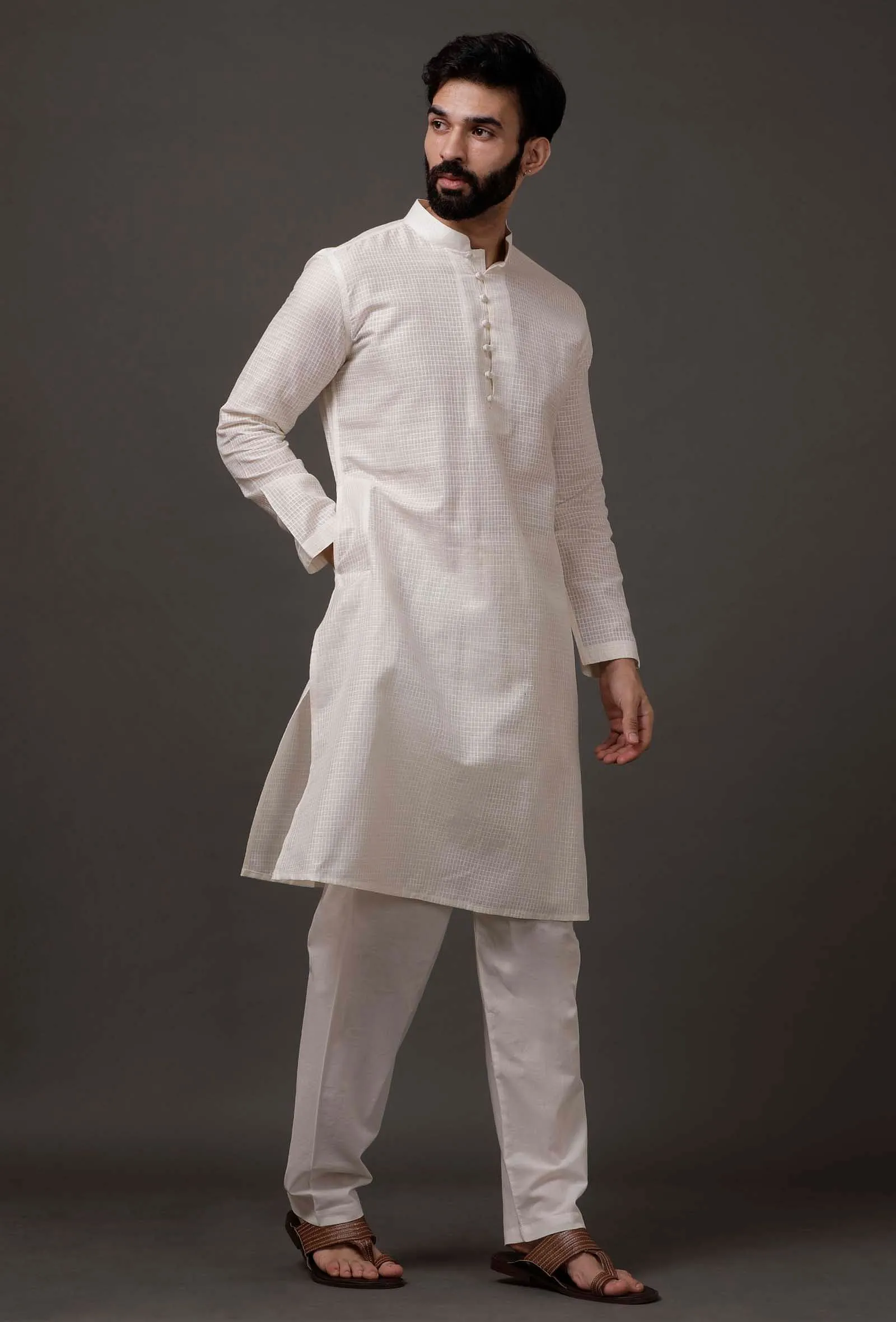 Set of 2: White Cotton Silk Check Kurta Pajama