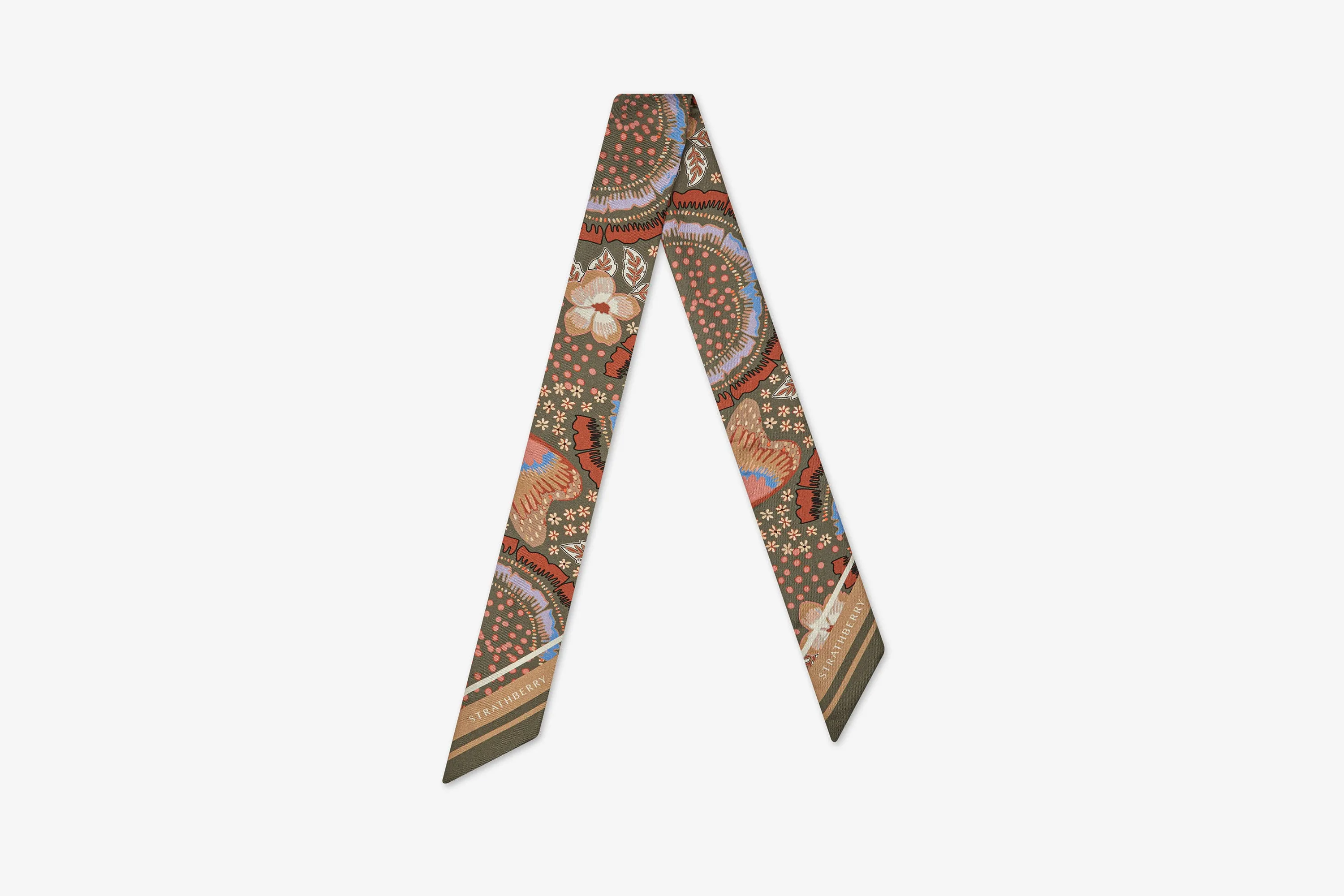 Silk Skinny Scarf - Embroidery Print Khaki/Caramel