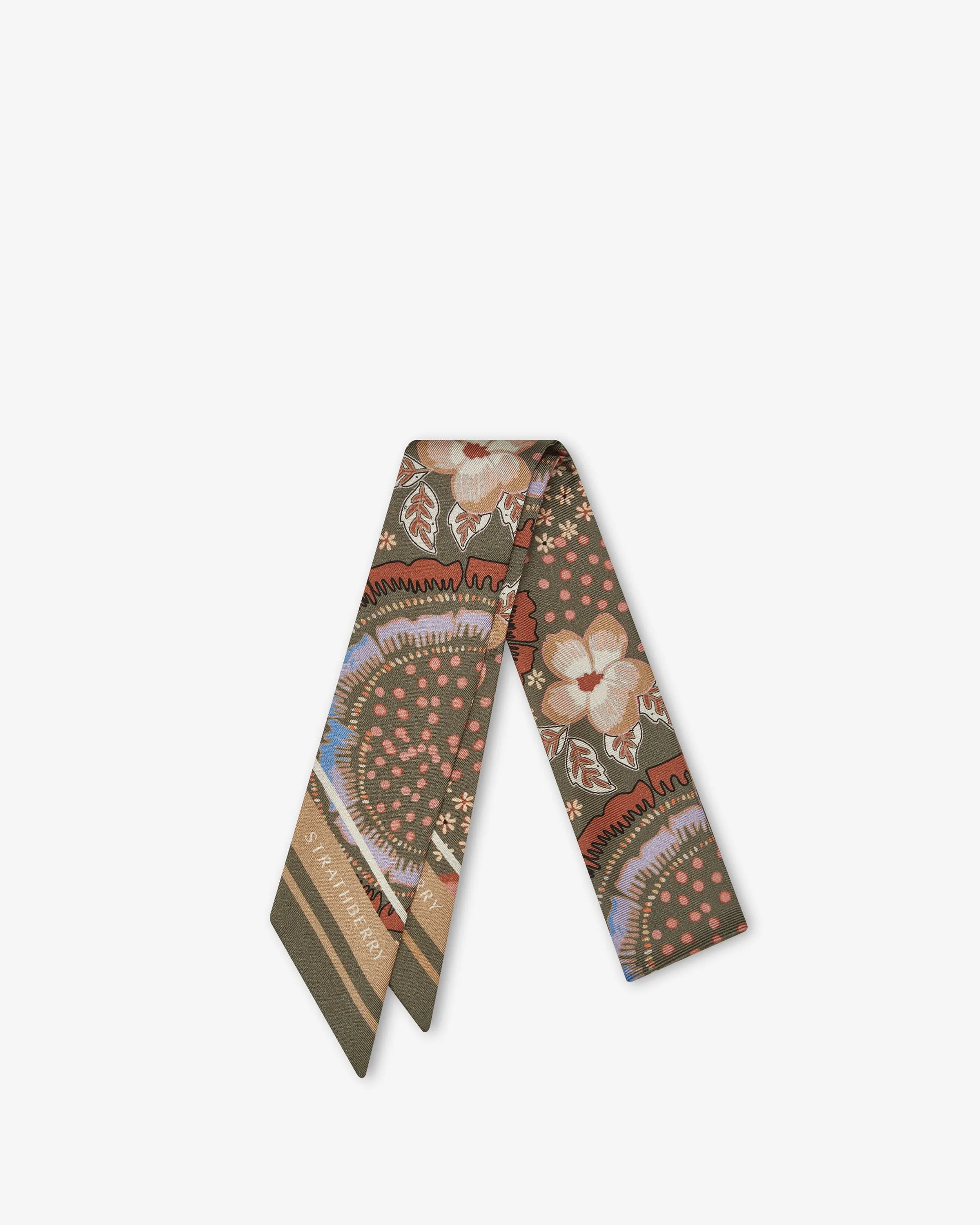 Silk Skinny Scarf - Embroidery Print Khaki/Caramel