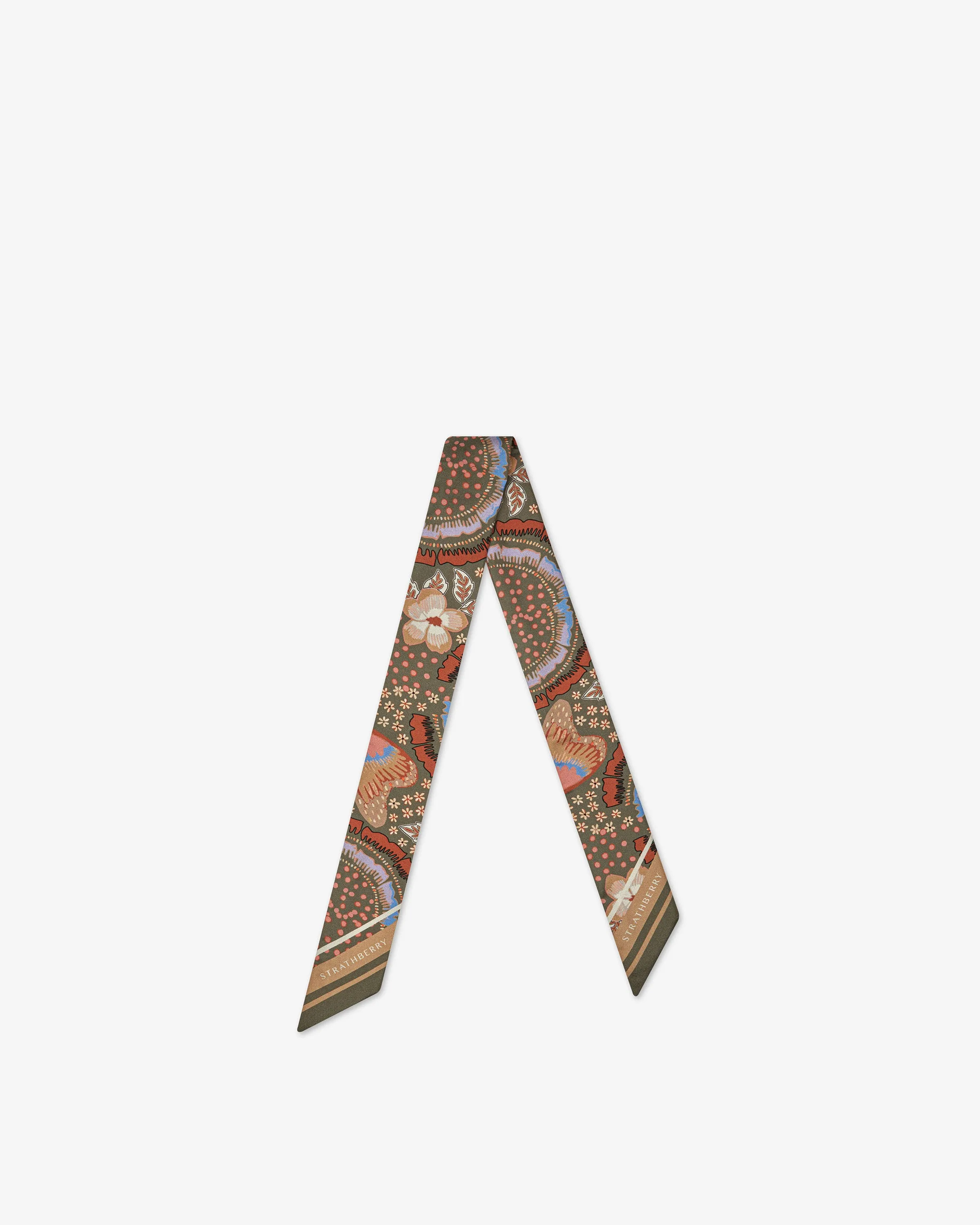 Silk Skinny Scarf - Embroidery Print Khaki/Caramel