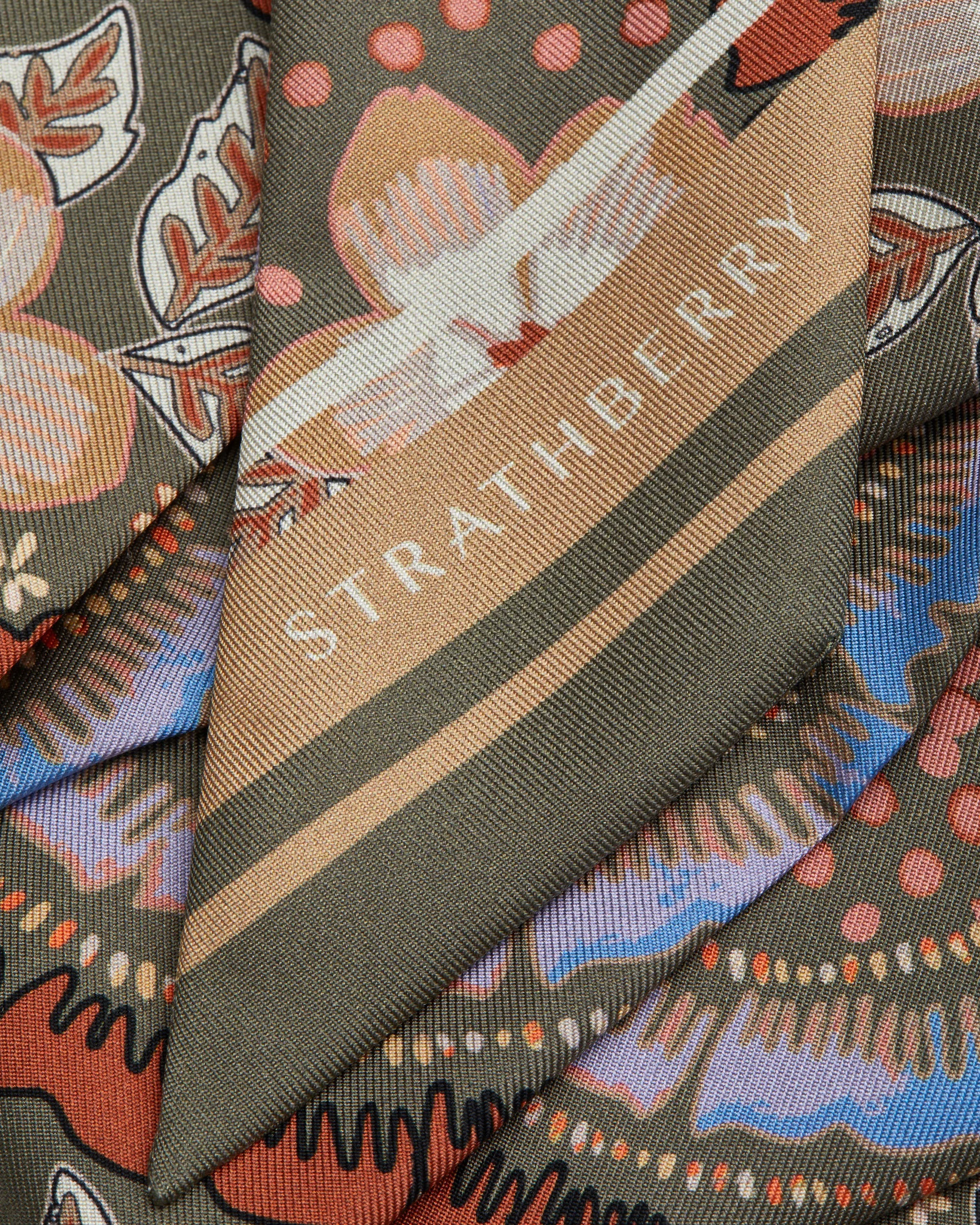 Silk Skinny Scarf - Embroidery Print Khaki/Caramel