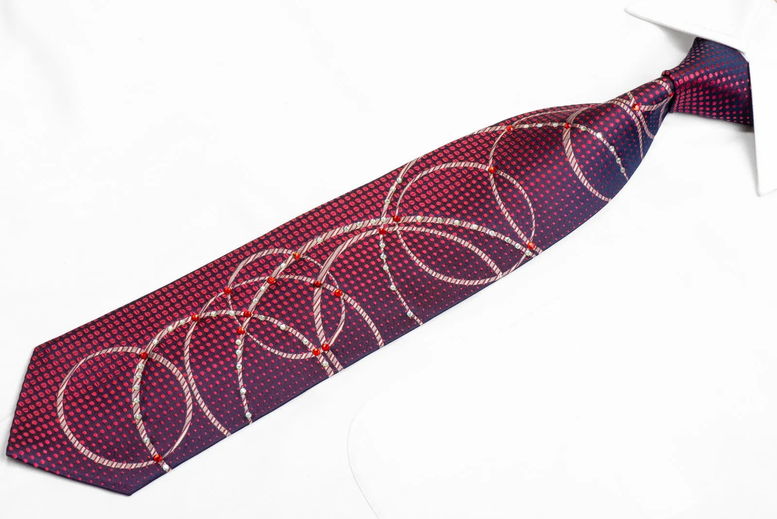 Silver Scrolls Red Dots On Navy Rhinestone Silk Necktie