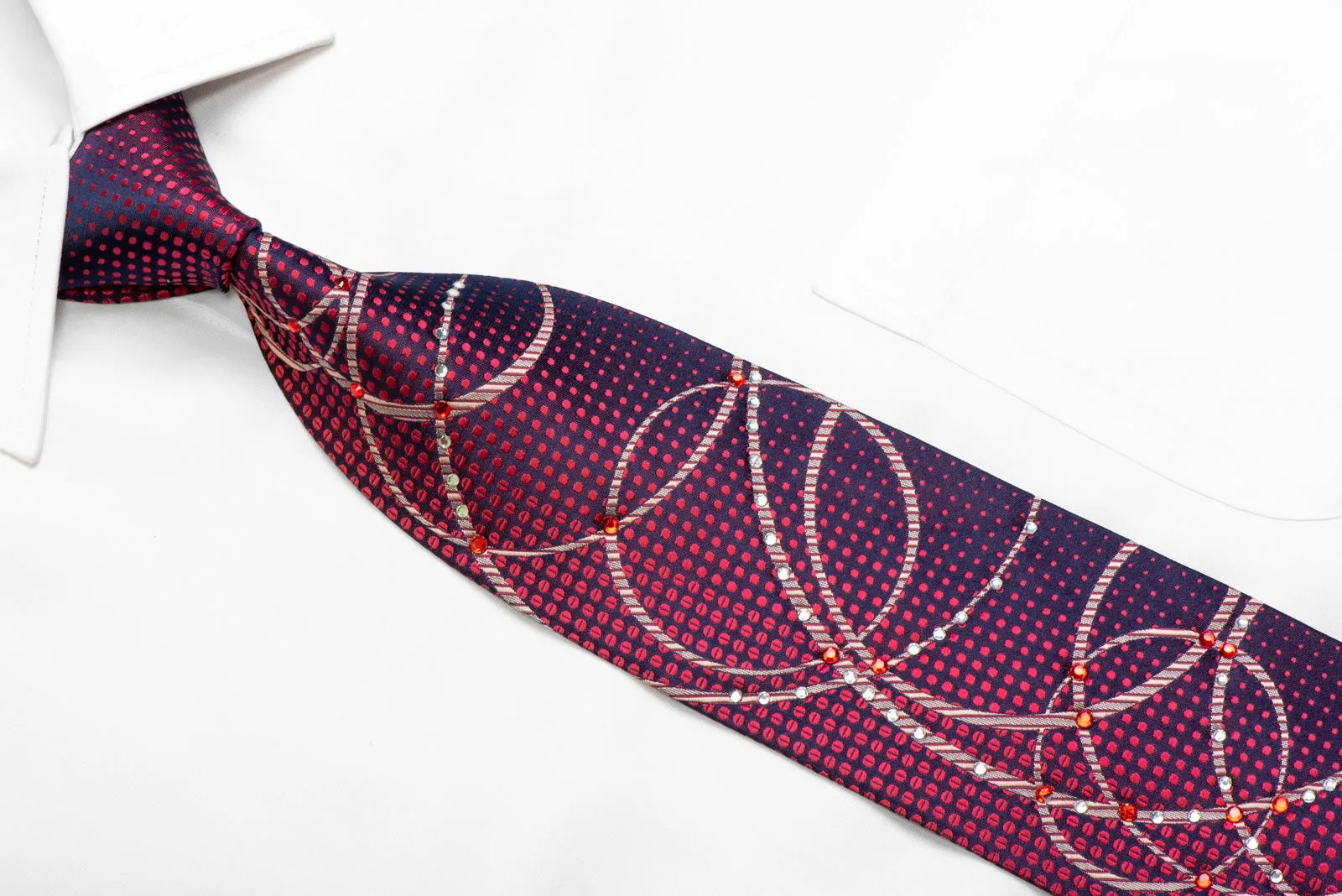 Silver Scrolls Red Dots On Navy Rhinestone Silk Necktie