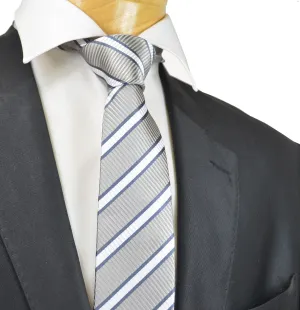 Slim Grey and White Striped Silk Tie