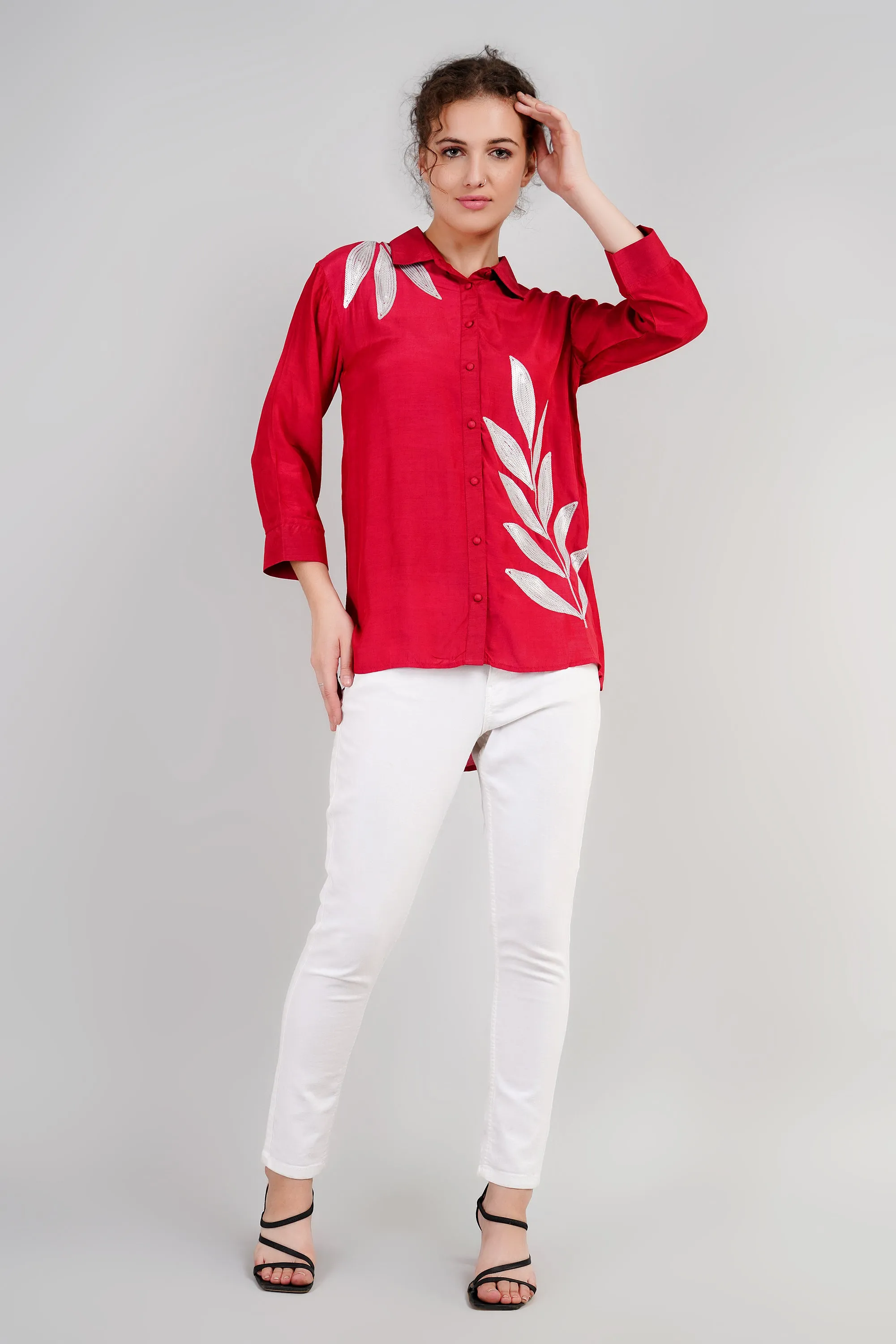 Soft Red Sequins Belgium Silk Shirt