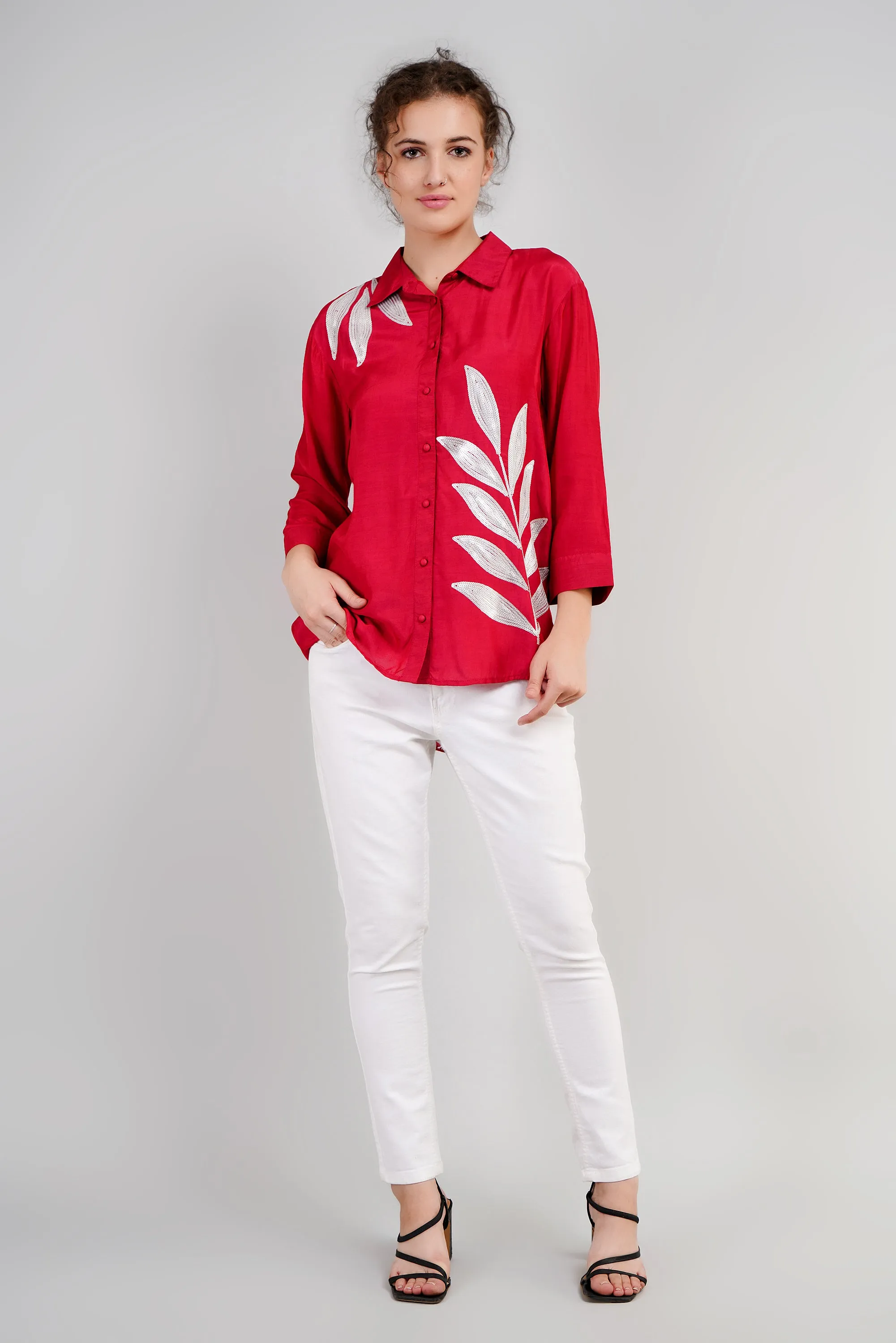 Soft Red Sequins Belgium Silk Shirt